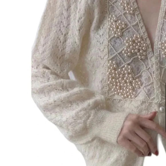 Vintage Style Pearl Encrusted Boho Cable Stitch Crème Cardigan Sweater New M - Picture 4 of 7